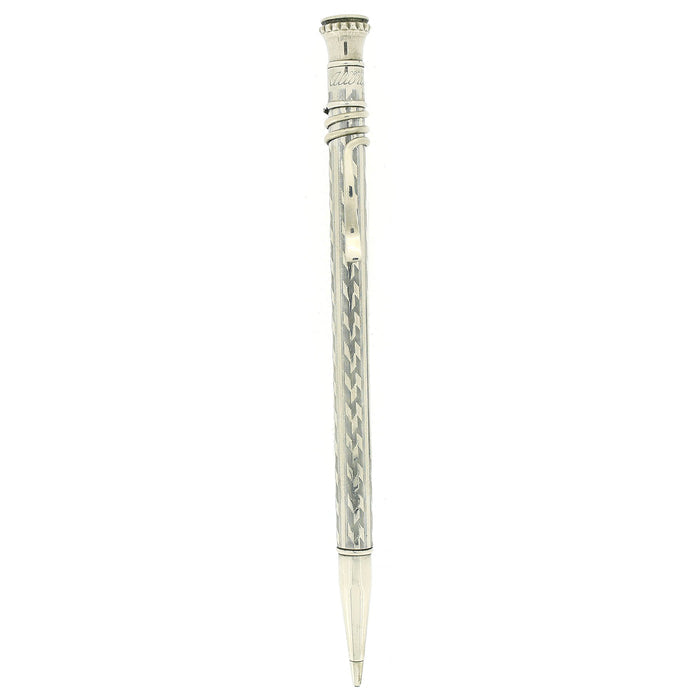 1920S CROSS ALWRITE NICKEL PLATED ENGINE TURNED CHEVRON PATTERN W/SNAKE-LIKE CLIP PENCIL OFFERED BY ANTIQUE DIGGER