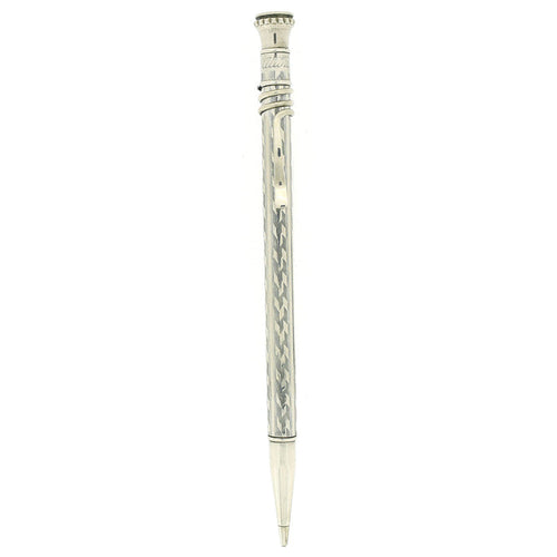 1920S CROSS ALWRITE NICKEL PLATED ENGINE TURNED CHEVRON PATTERN W/SNAKE-LIKE CLIP PENCIL OFFERED BY ANTIQUE DIGGER