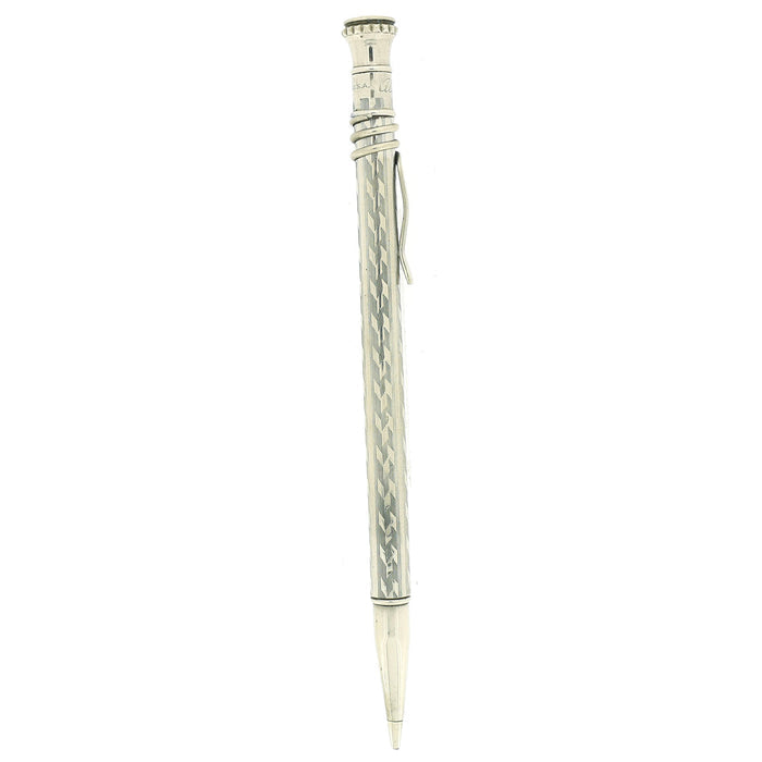 1920S CROSS ALWRITE NICKEL PLATED ENGINE TURNED CHEVRON PATTERN W/SNAKE-LIKE CLIP PENCIL OFFERED BY ANTIQUE DIGGER