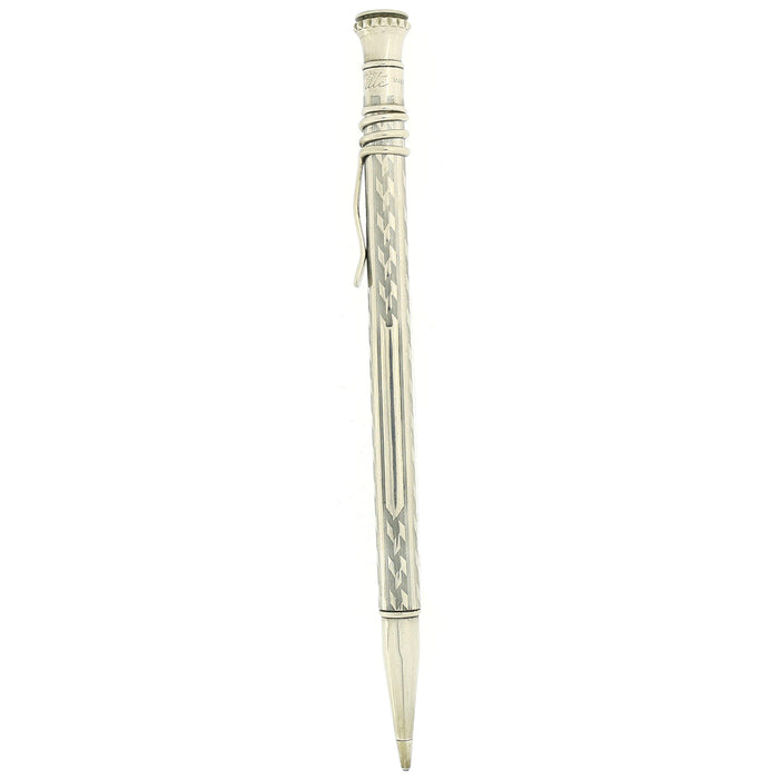 1920S CROSS ALWRITE NICKEL PLATED ENGINE TURNED CHEVRON PATTERN W/SNAKE-LIKE CLIP PENCIL OFFERED BY ANTIQUE DIGGER