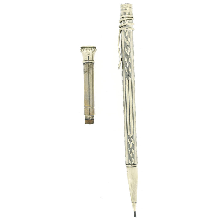 1920S CROSS ALWRITE NICKEL PLATED ENGINE TURNED CHEVRON PATTERN W/SNAKE-LIKE CLIP PENCIL OFFERED BY ANTIQUE DIGGER
