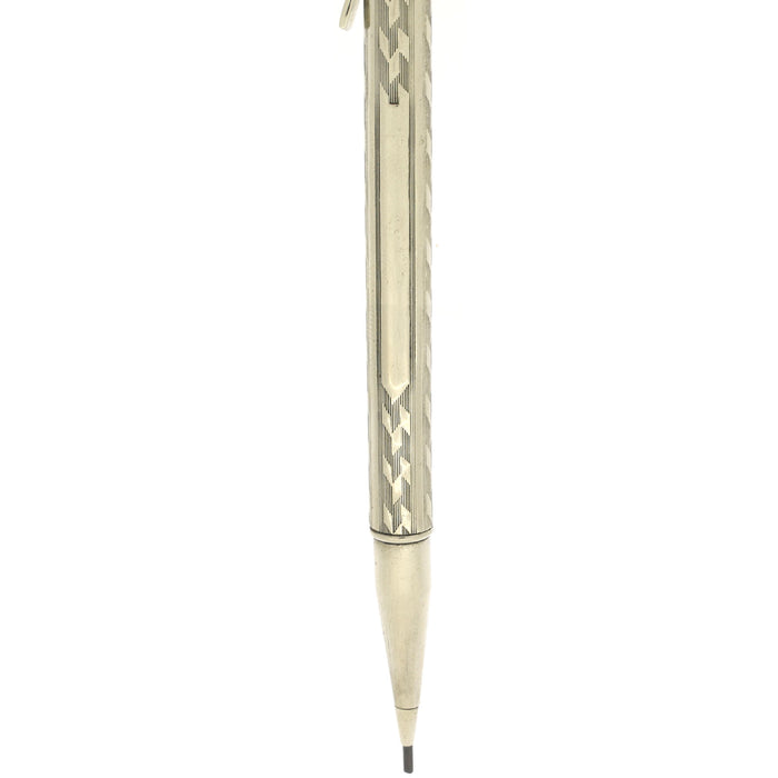 1920S CROSS ALWRITE NICKEL PLATED ENGINE TURNED CHEVRON PATTERN W/SNAKE-LIKE CLIP PENCIL OFFERED BY ANTIQUE DIGGER