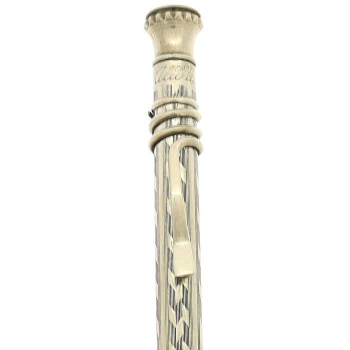 1920S CROSS ALWRITE NICKEL PLATED ENGINE TURNED CHEVRON PATTERN W/SNAKE-LIKE CLIP PENCIL OFFERED BY ANTIQUE DIGGER