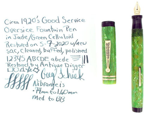 1920S GOOD SERVICE GREEN JADE OVERSIZE M-BB SEMI FLEX NIB FOUNTAIN PEN RESTORED OFFERED BY ANTIQUE DIGGER