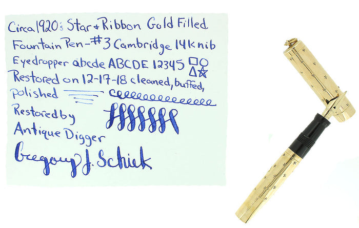 1920s LADIES RINGTOP GOLD FILLED STARS AND RIBBON CAMBRIDGE 14K NIB RESTORED OFFERED BY ANTIQUE DIGGER