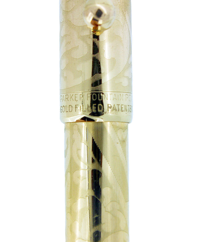 1920s PARKER LUCKY CURVE #98 OVERLAY FLORAL ETCHED FOUNTAIN PEN RESTORED OFFERED BY ANTIQUE DIGGER