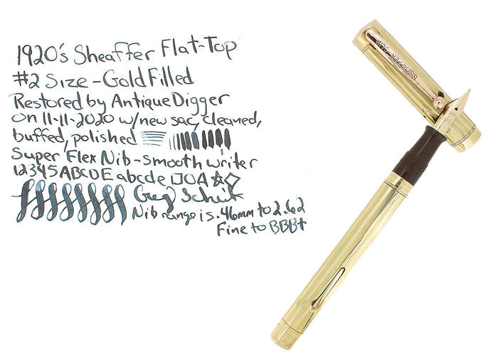 1920S SHEAFFER #2 GOLD FILLED FLAT TOP 14K F-BBB+ FLEX NIB FOUNTAIN PEN RESTORED OFFERED BY ANTIQUE DIGGER