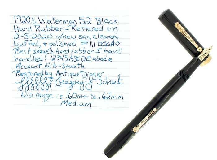 1920S WATERMAN #52 BLACK SMOOTH HARD RUBBER FOUNTAIN PEN RESTORED OFFERED BY ANTIQUE DIGGER