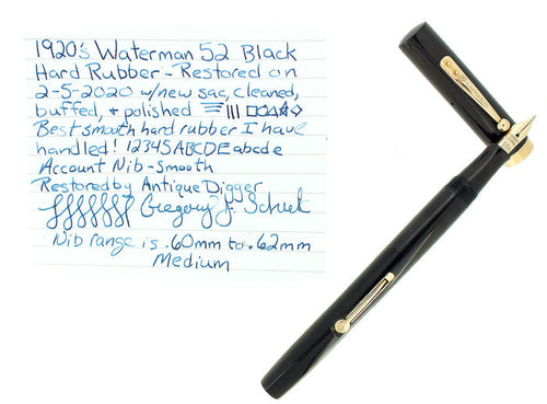 1920S WATERMAN #52 BLACK SMOOTH HARD RUBBER FOUNTAIN PEN RESTORED OFFERED BY ANTIQUE DIGGER