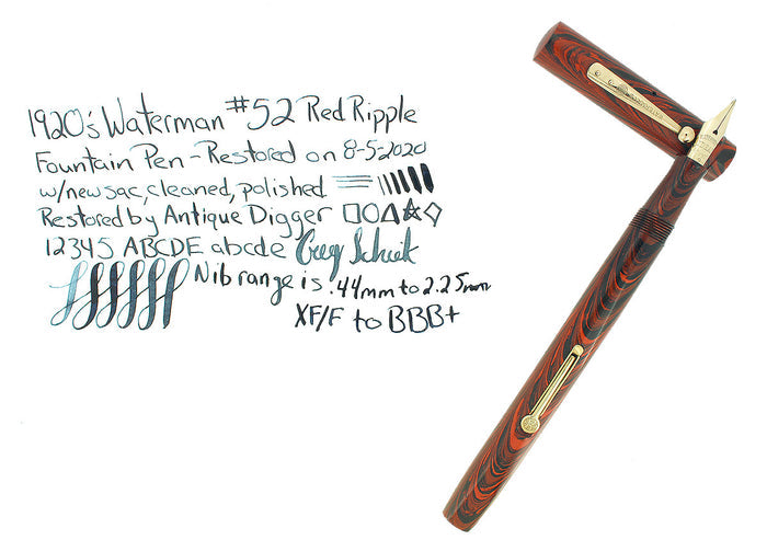 1920S WATERMAN 52 RED RIPPLE FOUNTAIN PEN XF TO BBB+ FLEXIBLE NIB RESTORED OFFERED BY ANTIQUE DIGGER
