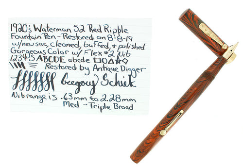 1920S WATERMAN 52 RIPPLE RIPPLE M-BBB 2.28MM FLEX NIB FOUNTAIN PEN RESTORED OFFERED BY ANTIQUE DIGGER