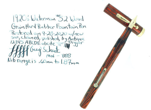 1920S WATERMAN #52 WOOD GRAIN FOUNTAIN PEN M-BBB FLEX NIB RESTORED OFFERED BY ANTIQUE DIGGER
