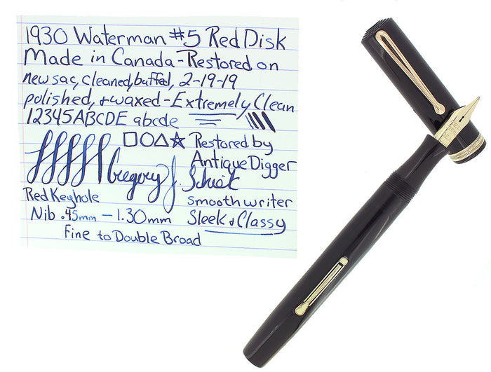 1930 WATERMAN #5 BLACK CELLULOID RED KEYHOLE F-BB NIB FOUNTAIN PEN RESTORED OFFERED BY ANTIQUE DIGGER