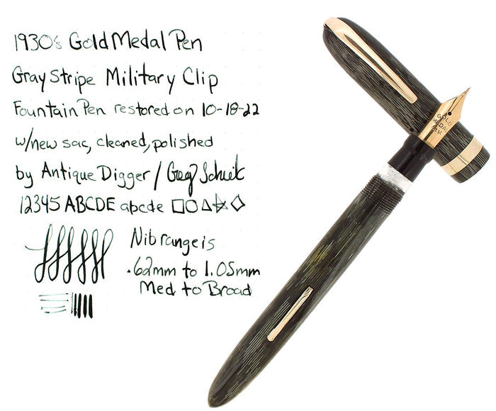 1930S GOLD MEDAL STREAMLINE GRAY STRIPE MILITARY CLIP FOUNTAIN PEN RESTORED OFFERED BY ANTIQUE DIGGER