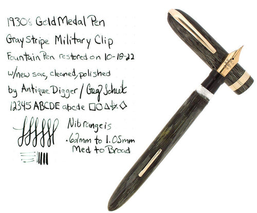 1930S GOLD MEDAL STREAMLINE GRAY STRIPE MILITARY CLIP FOUNTAIN PEN RESTORED OFFERED BY ANTIQUE DIGGER