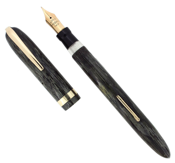 1930S GOLD MEDAL STREAMLINE GRAY STRIPE MILITARY CLIP FOUNTAIN PEN RESTORED OFFERED BY ANTIQUE DIGGER