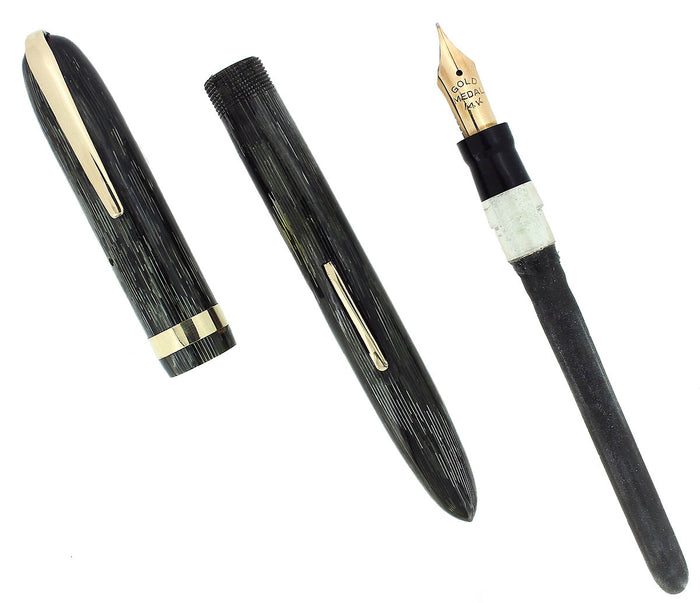 1930S GOLD MEDAL STREAMLINE GRAY STRIPE MILITARY CLIP FOUNTAIN PEN RESTORED OFFERED BY ANTIQUE DIGGER