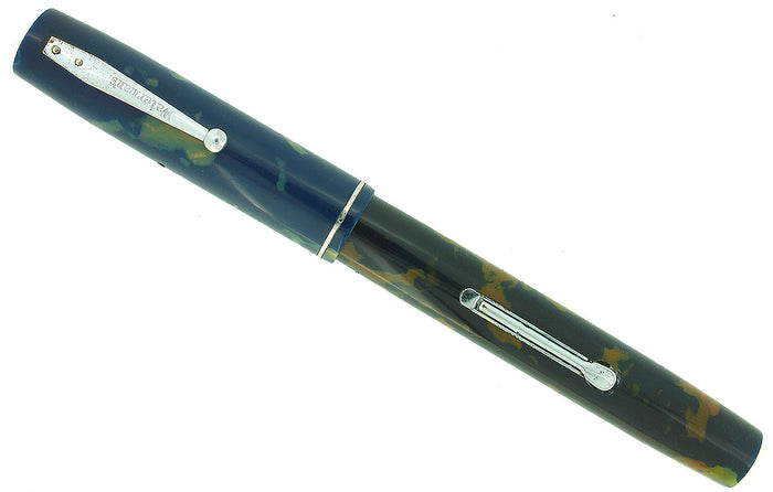 1930s WATERMAN 32 FULL-SIZE BLUE & CREAM CELLULOID FOUNTAIN PEN F-BB+ FLEX NIB RESTORED OFFERED BY ANTIQUE DIGGER
