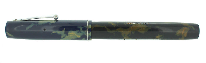 1930s WATERMAN 32 FULL-SIZE BLUE & CREAM CELLULOID FOUNTAIN PEN F-BB+ FLEX NIB RESTORED OFFERED BY ANTIQUE DIGGER