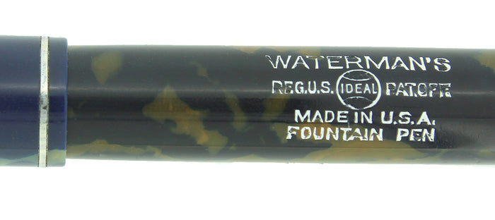 1930s WATERMAN 32 FULL-SIZE BLUE & CREAM CELLULOID FOUNTAIN PEN F-BB+ FLEX NIB RESTORED OFFERED BY ANTIQUE DIGGER