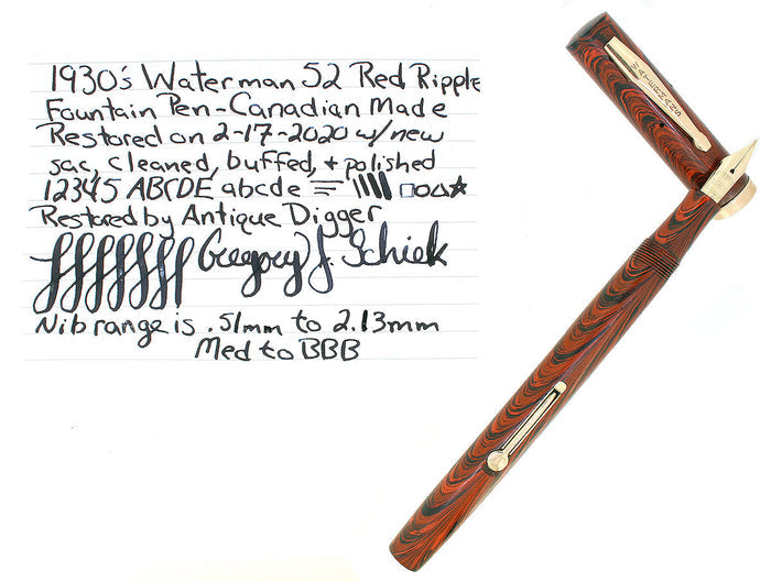 1930S WATERMAN 52 RIPPLE RIPPLE F-BBB 2.13MM FLEX NIB FOUNTAIN PEN RESTORED OFFERED BY ANTIQUE DIGGER