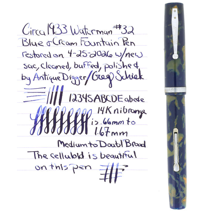 1933 WATERMAN 32 BLUE & CREAM CELLULOID 14K SEMI-FLEX NIB FOUNTAIN PEN RESTORED OFFERED BY ANTIQUE DIGGER