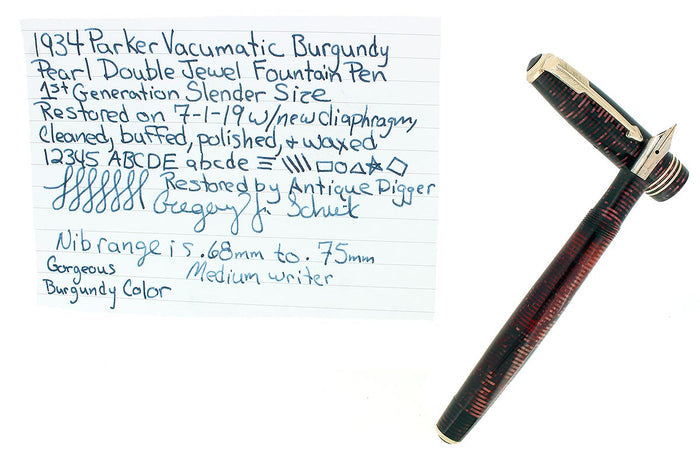 1934 PARKER BURGUNDY PEARL VACUMATIC DOUBLE JEWEL FOUNTAIN PEN RESTORED OFFERED BY ANTIQUE DIGGER
