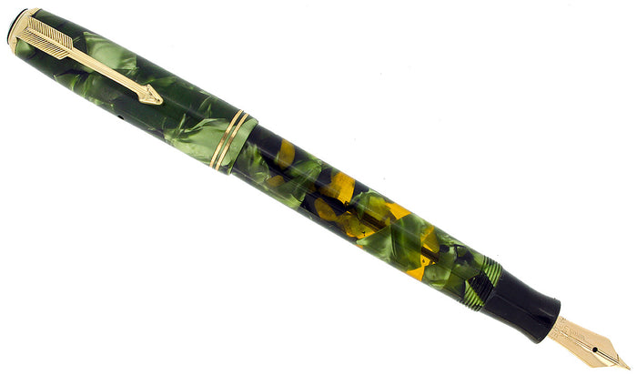 1935 PARKER MOTTLED GREEN DOUBLE JEWEL VACUMATIC FOUNTAIN PEN RESTORED OFFERED BY ANTIQUE DIGGER