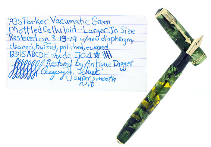 1935 PARKER MOTTLED GREEN DOUBLE JEWEL VACUMATIC FOUNTAIN PEN RESTORED OFFERED BY ANTIQUE DIGGER