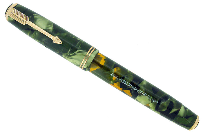 1935 PARKER MOTTLED GREEN DOUBLE JEWEL VACUMATIC FOUNTAIN PEN RESTORED OFFERED BY ANTIQUE DIGGER