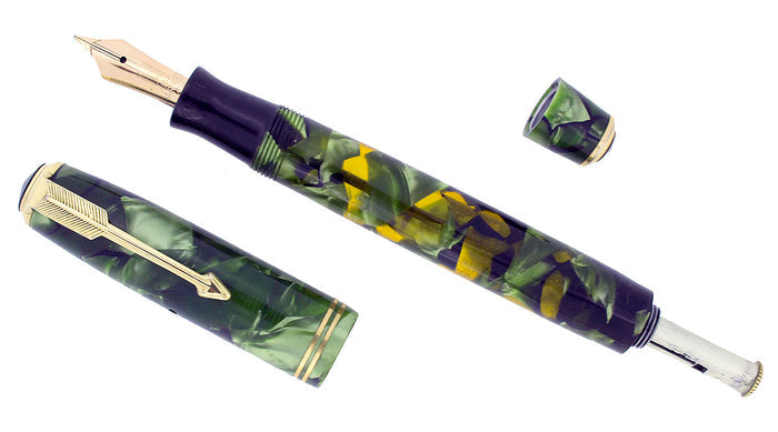1935 PARKER MOTTLED GREEN DOUBLE JEWEL VACUMATIC FOUNTAIN PEN RESTORED OFFERED BY ANTIQUE DIGGER