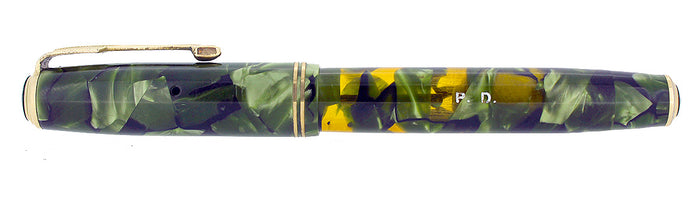 1935 PARKER MOTTLED GREEN DOUBLE JEWEL VACUMATIC FOUNTAIN PEN RESTORED OFFERED BY ANTIQUE DIGGER