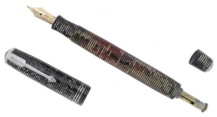1935 PARKER SILVER PEARL CELLULOID DOUBLE JEWEL VACUMATIC FOUNTAIN PEN RESTORED OFFERED BY ANTIQUE DIGGER