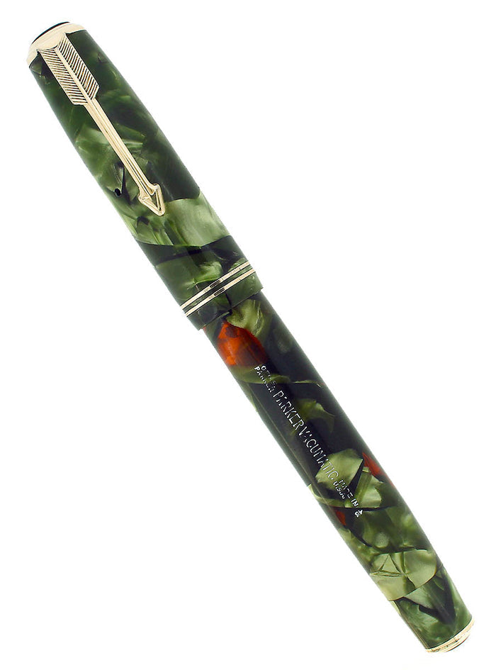1935 PARKER VACUMATIC GREEN MOTTLED DOUBLE JEWEL FOUNTAIN PEN RESTORED OFFERED BY ANTIQUE DIGGER