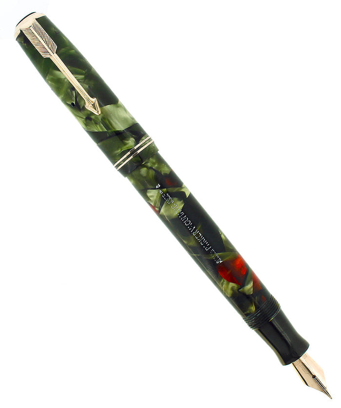 1935 PARKER VACUMATIC GREEN MOTTLED DOUBLE JEWEL FOUNTAIN PEN RESTORED OFFERED BY ANTIQUE DIGGER