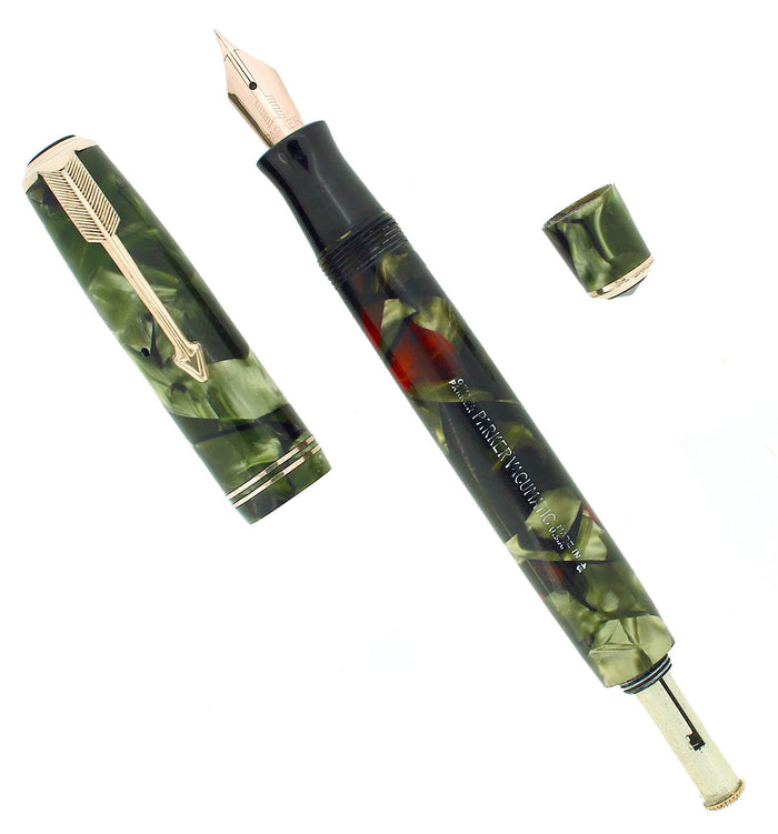 1935 PARKER VACUMATIC GREEN MOTTLED DOUBLE JEWEL FOUNTAIN PEN RESTORED OFFERED BY ANTIQUE DIGGER