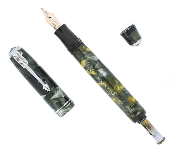 1935 PARKER VACUMATIC MOTTLED SILVER PEARL DOUBLE JEWEL FOUNTAIN PEN RESTORED OFFERED BY ANTIQUE DIGGER
