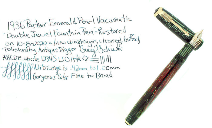 1936 PARKER VACUMATIC EMERALD PEARL DOUBLE JEWEL STANDARD FOUNTAIN PEN RESTORED OFFERED BY ANTIQUE DIGGER