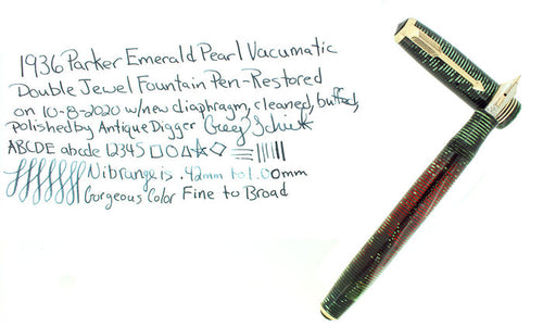 1936 PARKER VACUMATIC EMERALD PEARL DOUBLE JEWEL STANDARD FOUNTAIN PEN RESTORED OFFERED BY ANTIQUE DIGGER