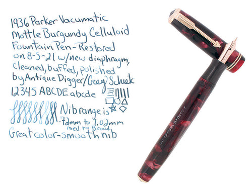 1936 PARKER VACUMATIC MOTTLED BURGUNDY DOUBLE JEWEL FOUNTAIN PEN RESTORED OFFERED BY ANTIQUE DIGGER
