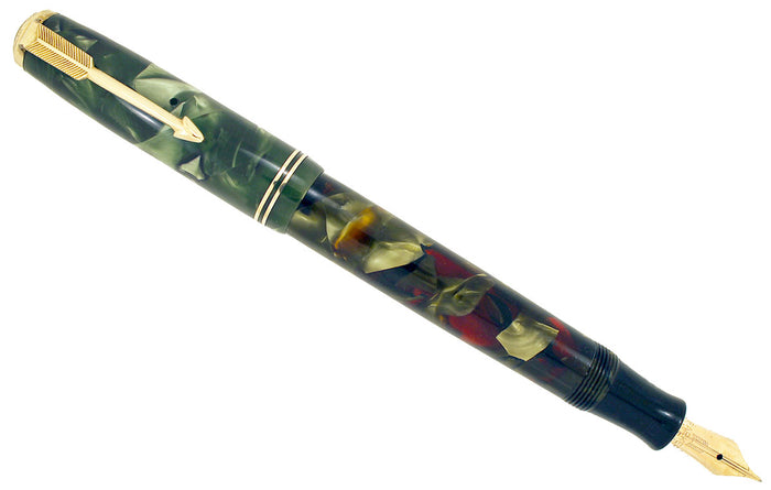 1937 PARKER MOTTLED GREEN LARGE JR DOUBLE JEWEL VACUMATIC FOUNTAIN PEN RESTORED OFFERED BY ANTIQUE DIGGER