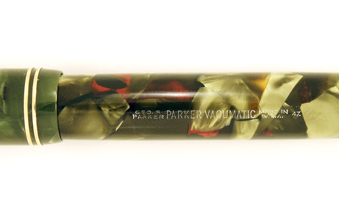 1937 PARKER MOTTLED GREEN LARGE JR DOUBLE JEWEL VACUMATIC FOUNTAIN PEN RESTORED OFFERED BY ANTIQUE DIGGER