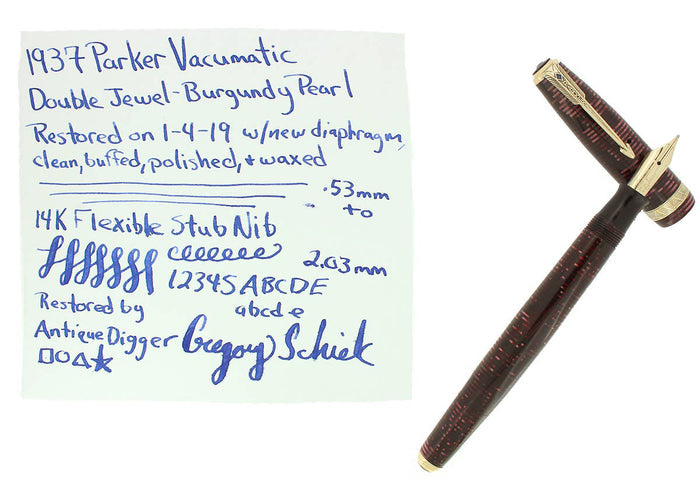 1937 PARKER VACUMATIC DOUBLE JEWEL MAJOR BURGUNDY PEARL FOUNTAIN PEN RESTORED OFFERED BY ANTIQUE DIGGER