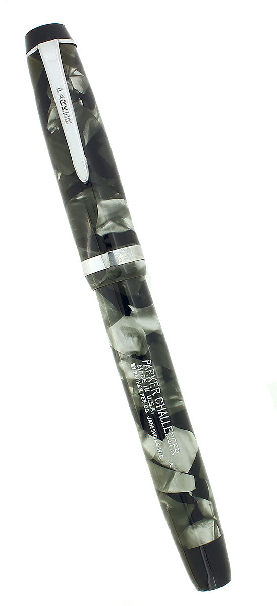 1938 PARKER CHALLENGER STANDARD SIZE GRAY MARBLED FOUNTAIN PEN RESTORED OFFERED BY ANTIQUE DIGGER