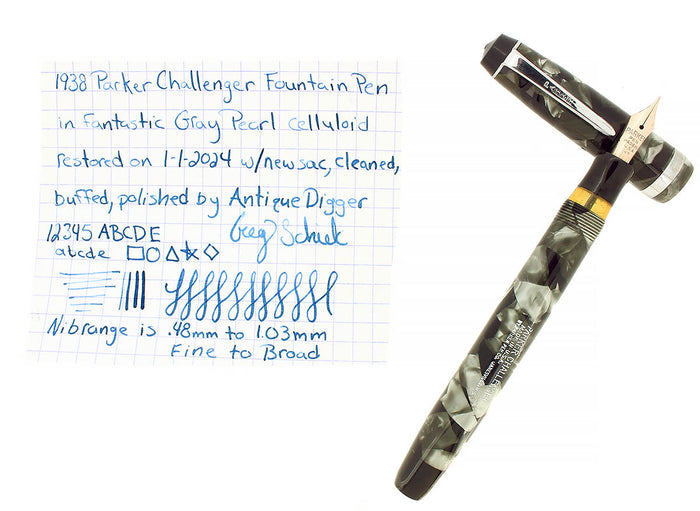 1938 PARKER CHALLENGER STANDARD SIZE GRAY MARBLED FOUNTAIN PEN RESTORED OFFERED BY ANTIQUE DIGGER