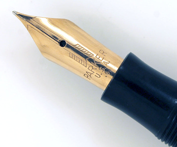 1938 PARKER JET BLACK VACUMATIC DOUBLE JEWEL FOUNTAIN PEN WITH F - B FLEX NIB IN RESTORED CONDITION OFFERED BY ANTIQUE DIGGER