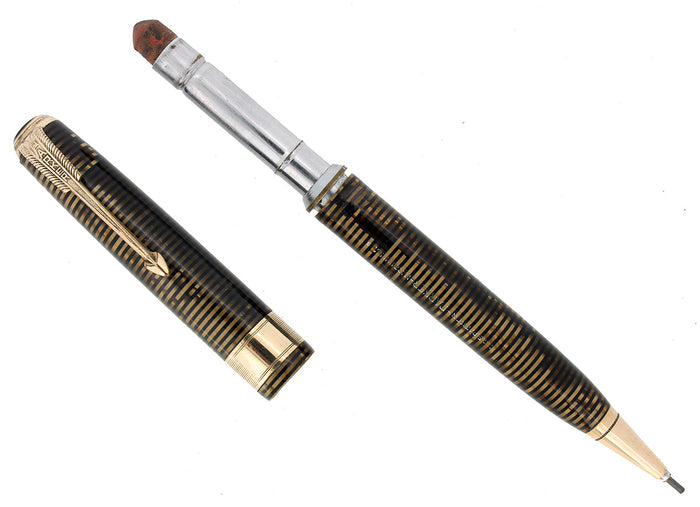 1938 PARKER MAXIMA GOLDEN PEARL INJECTOR PENCIL JEWELER COIN STACK CAP BAND OFFERED BY ANTIQUE DIGGER