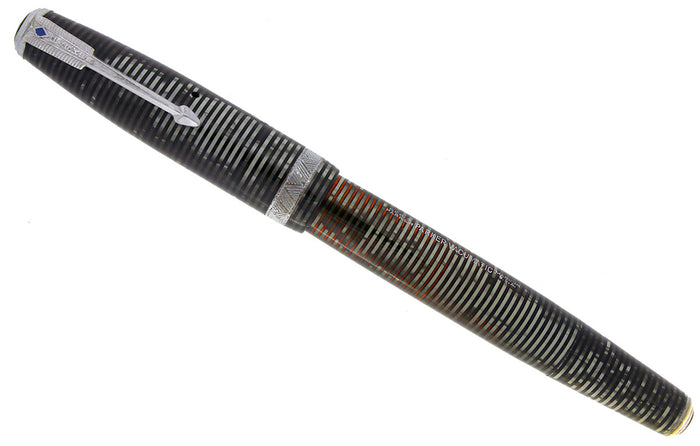 1938 PARKER SILVER PEARL DOUBLE JEWEL VACUMATIC FOUNTAIN PEN LONG MAJOR RESTORED OFFERED BY ANTIQUE DIGGER