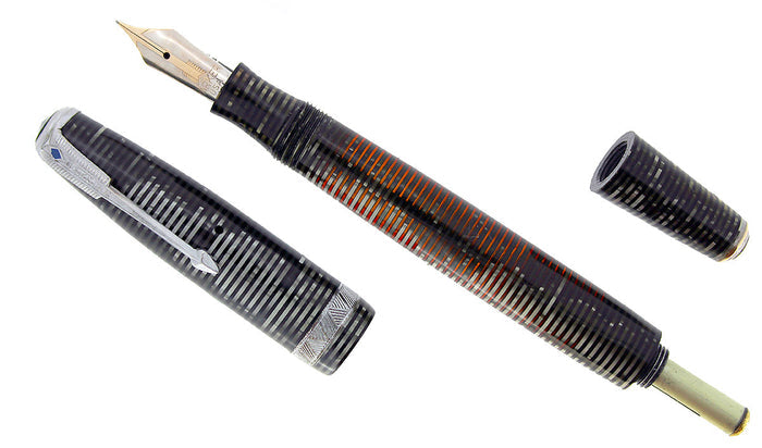 1938 PARKER SILVER PEARL DOUBLE JEWEL VACUMATIC FOUNTAIN PEN LONG MAJOR RESTORED OFFERED BY ANTIQUE DIGGER