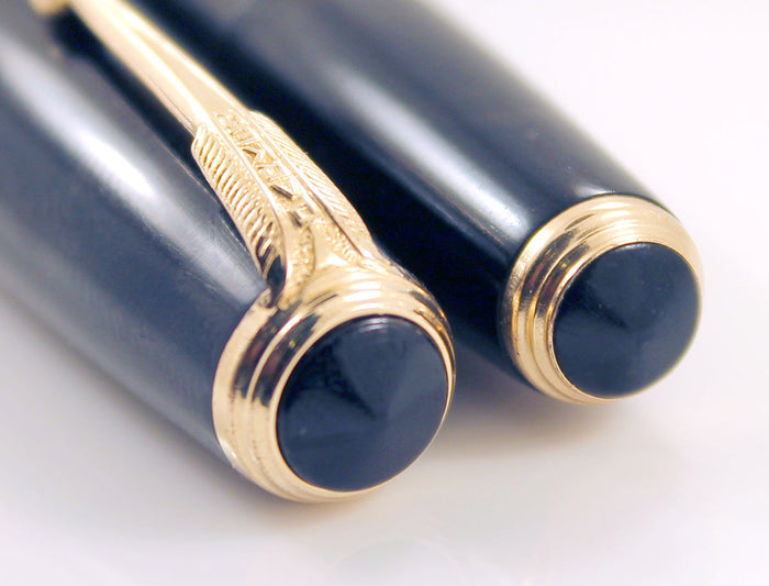 1939 PARKER JET BLACK DOUBLE JEWEL VACUMATIC SHADOW WAVE FOUNTAIN PEN RESTORED OFFERED BY ANTIQUE DIGGER